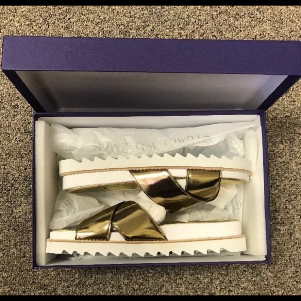 Stuart Weitzman Criss-Cross Strap Gold Sandals