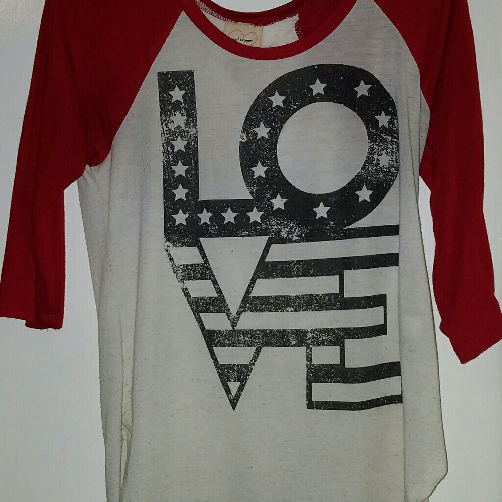 Red sleeve baseball tee with LOVE written on front