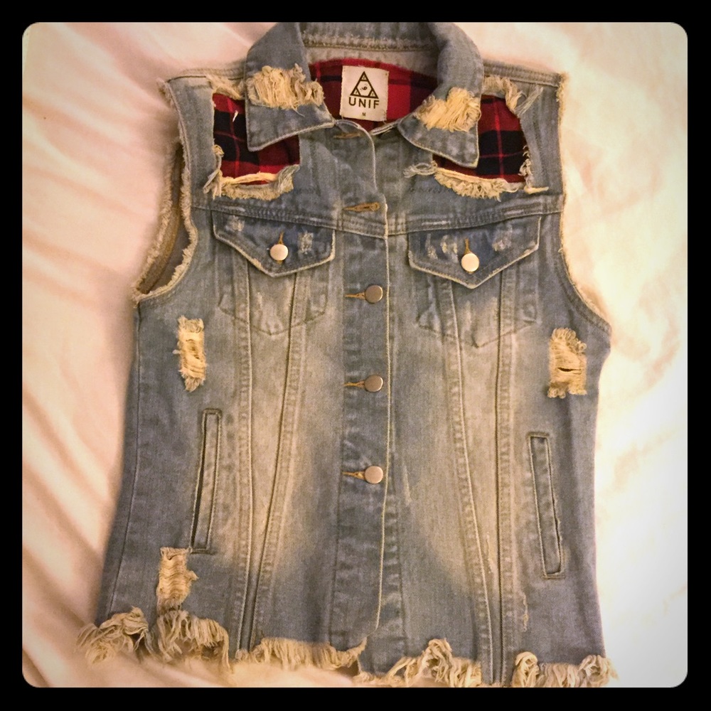 🔥 UNIF RARE DENIM DESTROYED PLAID VEST NEW M 🔥