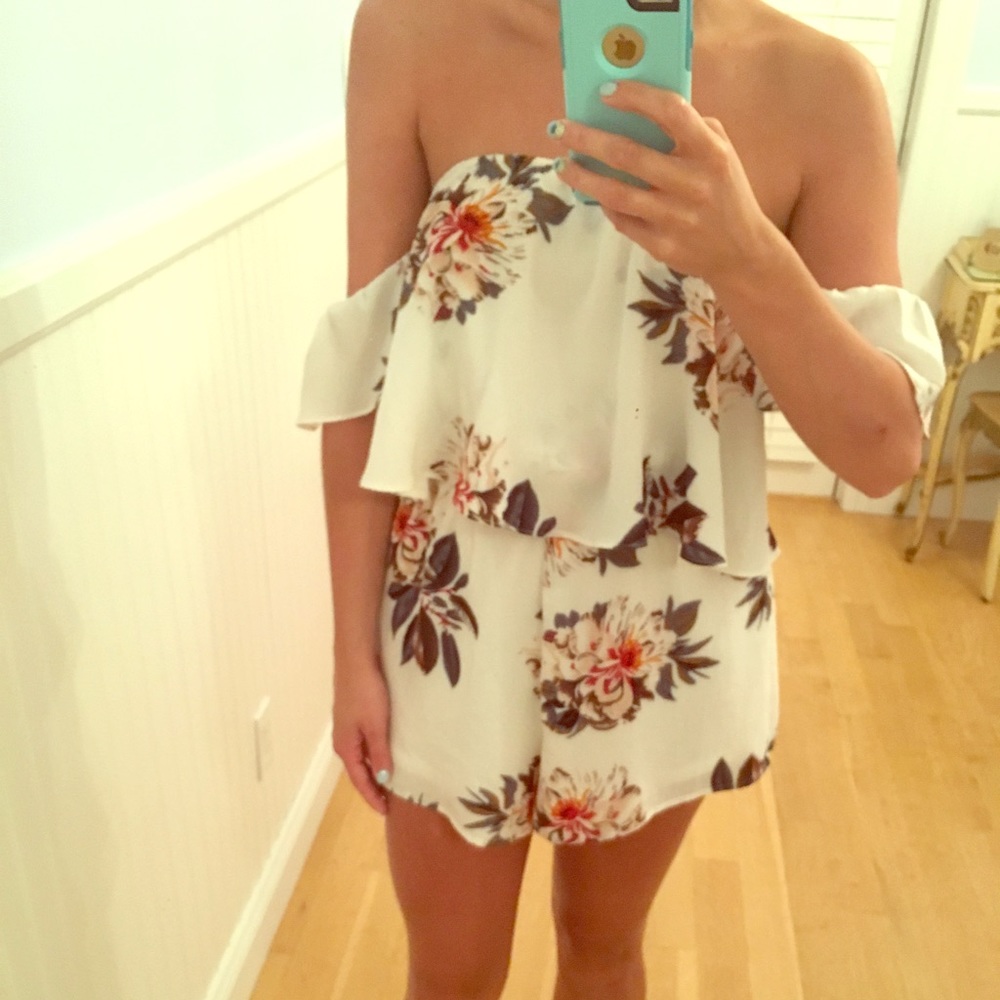 Off the shoulder ivory floral romper