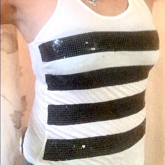 Sz S Racerback Tank White w Blk Sequin horizontal - Picture 2 of 5