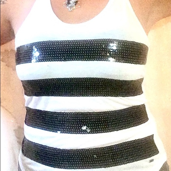 Sz S Racerback Tank White w Blk Sequin horizontal - Picture 4 of 5