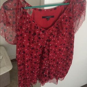 Red and black poke-a-dots sheer top