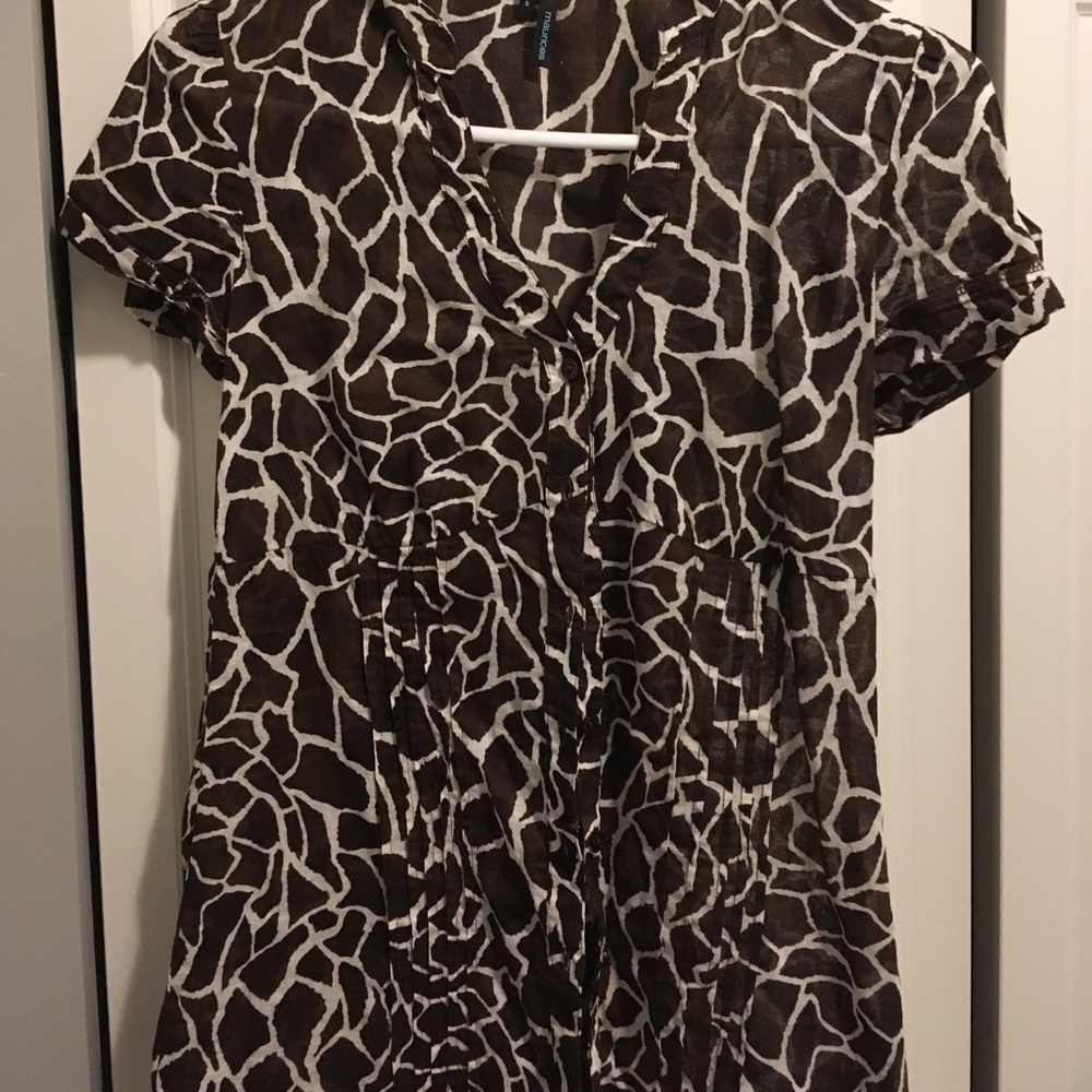 Brown & white lightweight blouse, animal print-ish