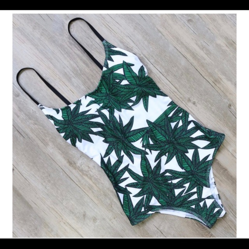 Palm tree lace up one piece swim suit