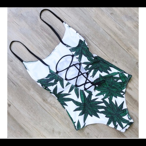 Palm tree lace up one piece swim suit - Picture 2 of 3