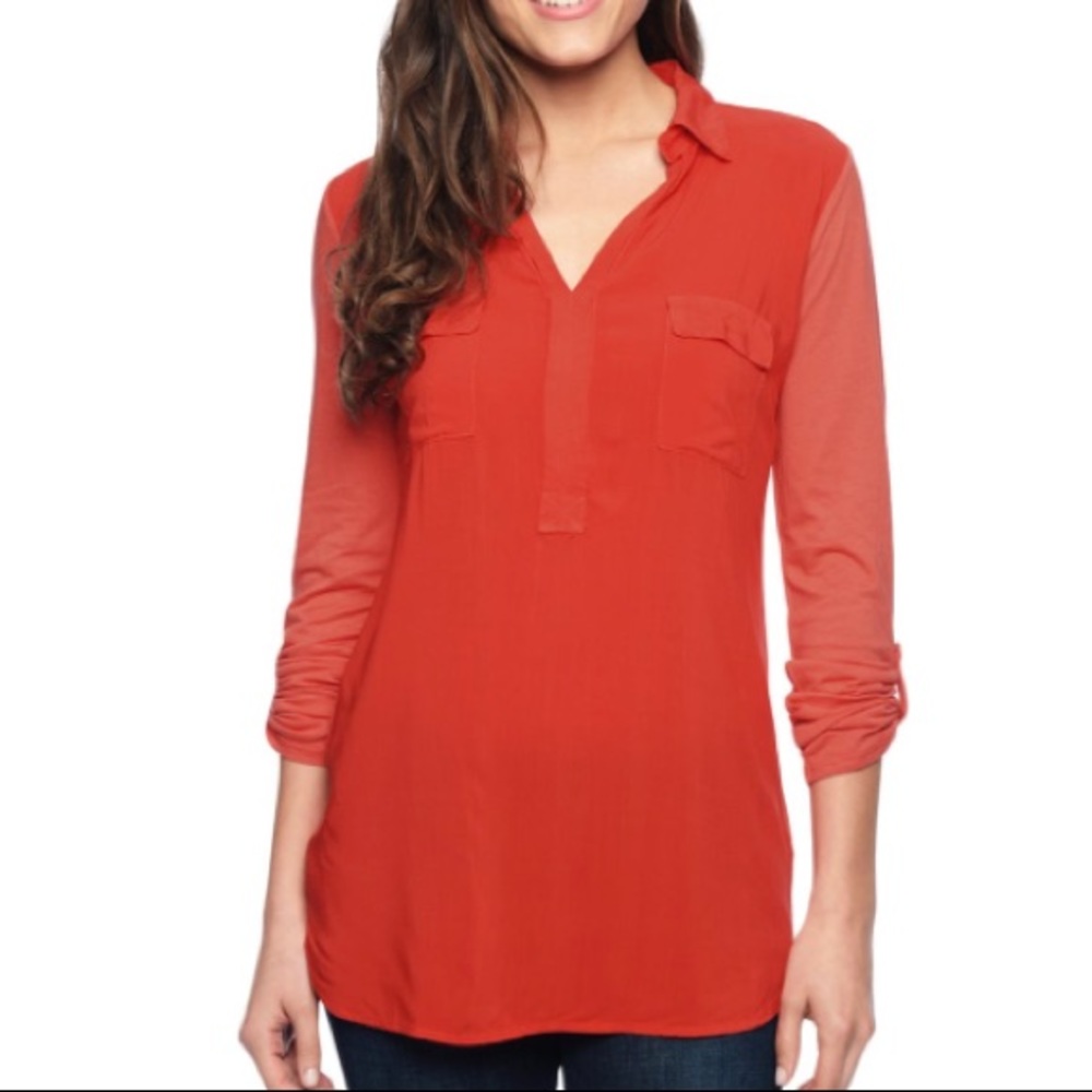 Splendid Coral/Red 3/4 Sleeve Mixed Media Top