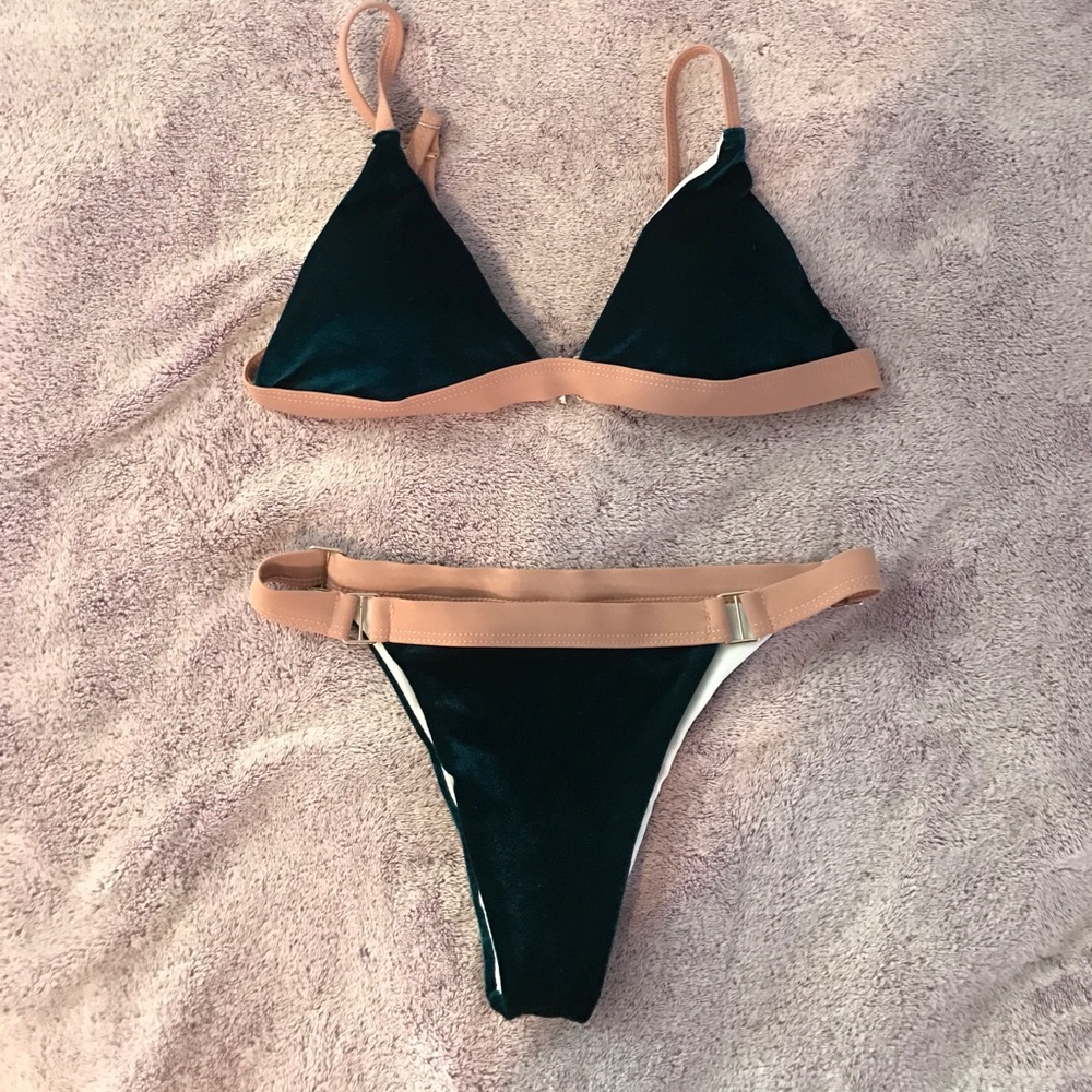 NWOT VELVET TEAL AND BEIGE BIKINI IN XS