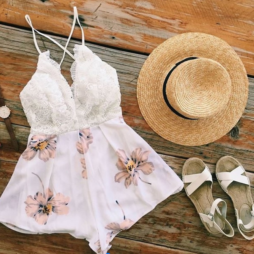 LAST ONE! Satin  Deep V Backless Floral Romper - Picture 2 of 3