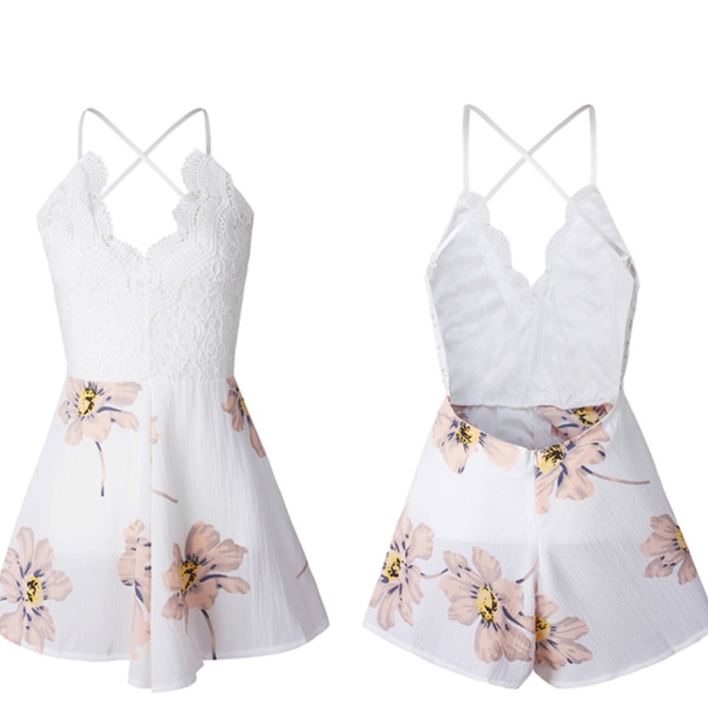 LAST ONE! Satin  Deep V Backless Floral Romper - Picture 3 of 3