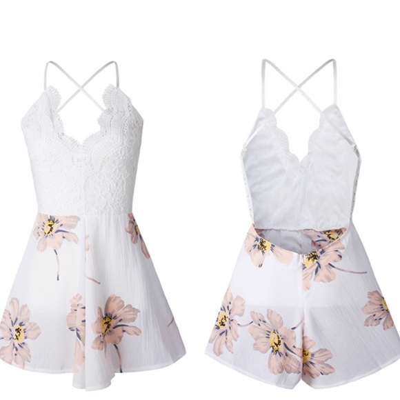 LAST ONE! Satin Deep V Backless Floral Romper - Picture 3 of 3