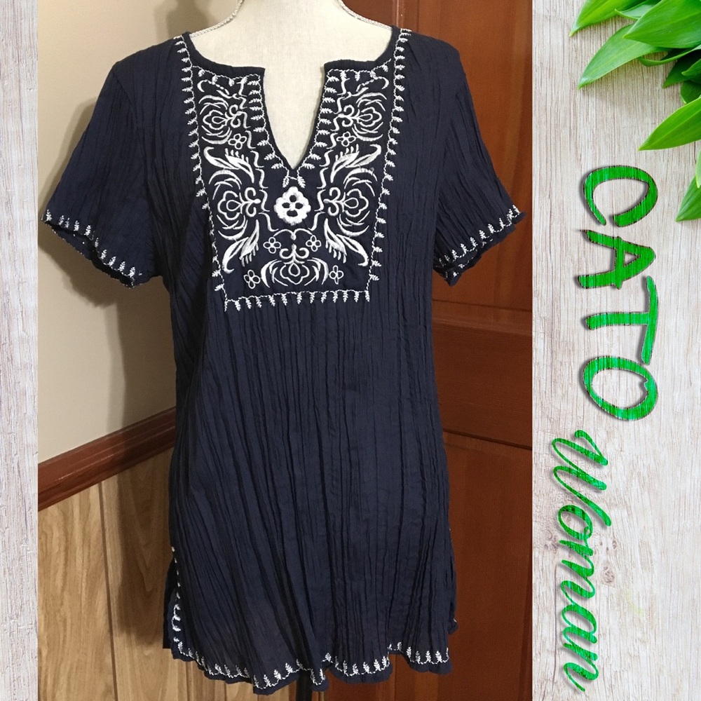 Cato Crinkle Tunic Embroired Top Y-Neck 18w - 20w