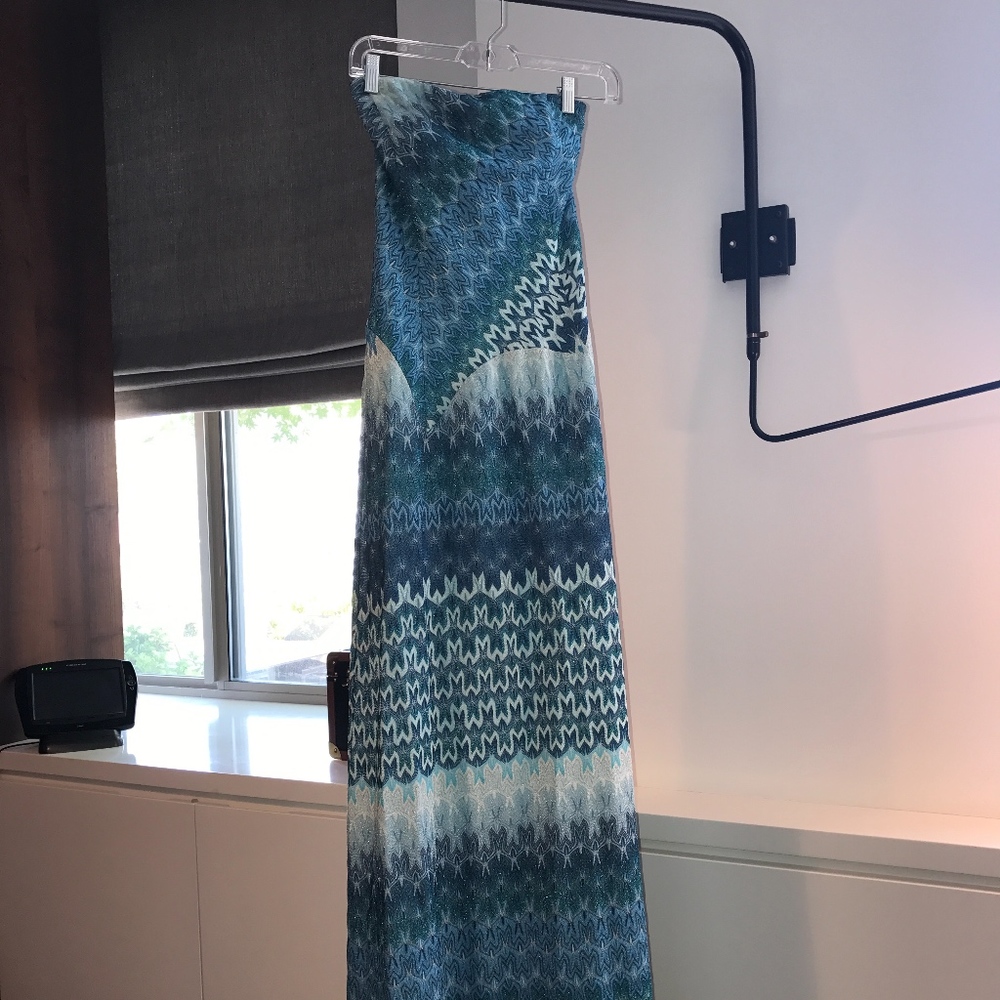 MISSION Blue Crochet-Knit Strapless Gown