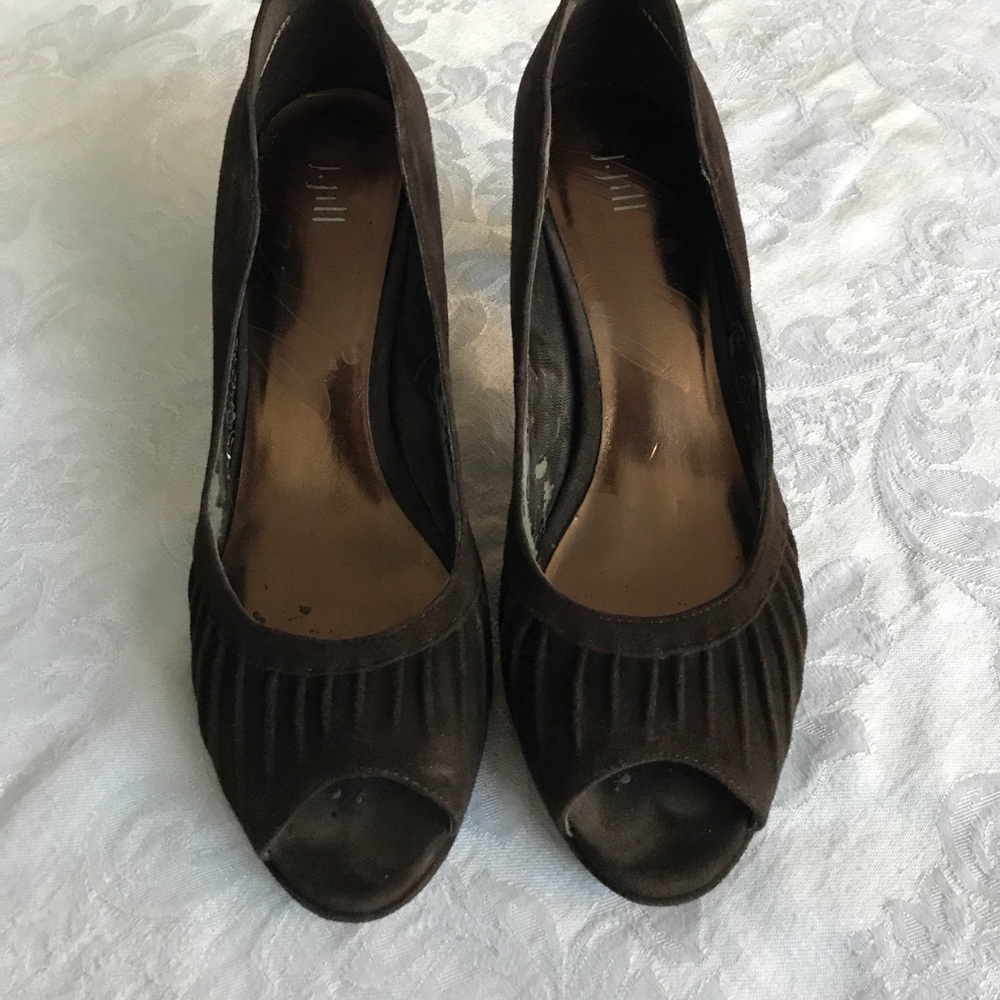 SALE - LAST DAY - Chocolate Suede Peep-Toe Pumps - Picture 2 of 8
