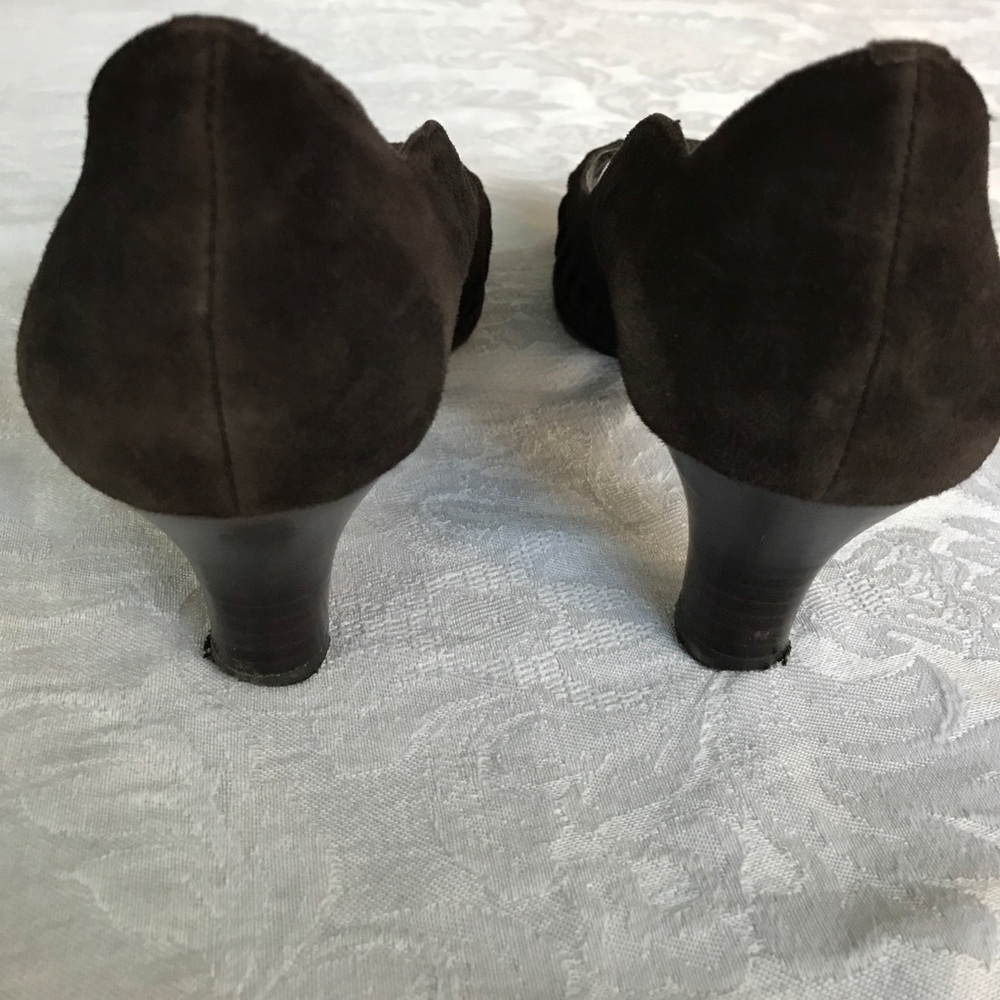 SALE - LAST DAY - Chocolate Suede Peep-Toe Pumps - Picture 3 of 8