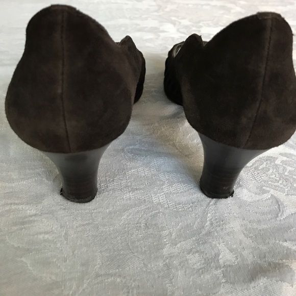 SALE - LAST DAY - Chocolate Suede Peep-Toe Pumps - Picture 3 of 8