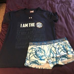 Under amour shirt and compression shorts