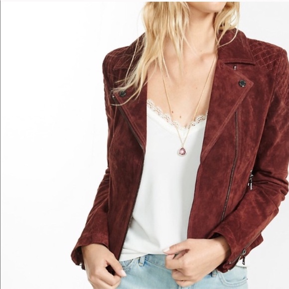 Express OXBLOOD Genuine Suede Leather Moto Jacket - Picture 2 of 8