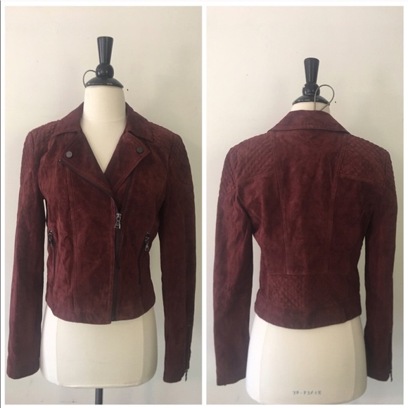 Express OXBLOOD Genuine Suede Leather Moto Jacket - Picture 5 of 8