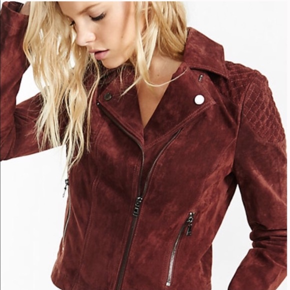 Express OXBLOOD Genuine Suede Leather Moto Jacket - Picture 8 of 8