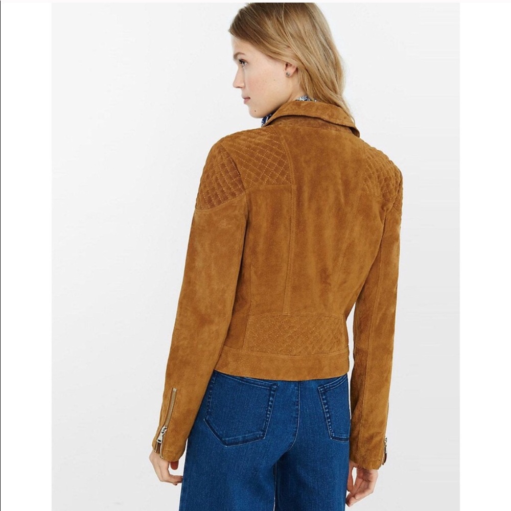 Express CAMEL Genuine Suede Leather Moto Jacket M - Picture 2 of 8