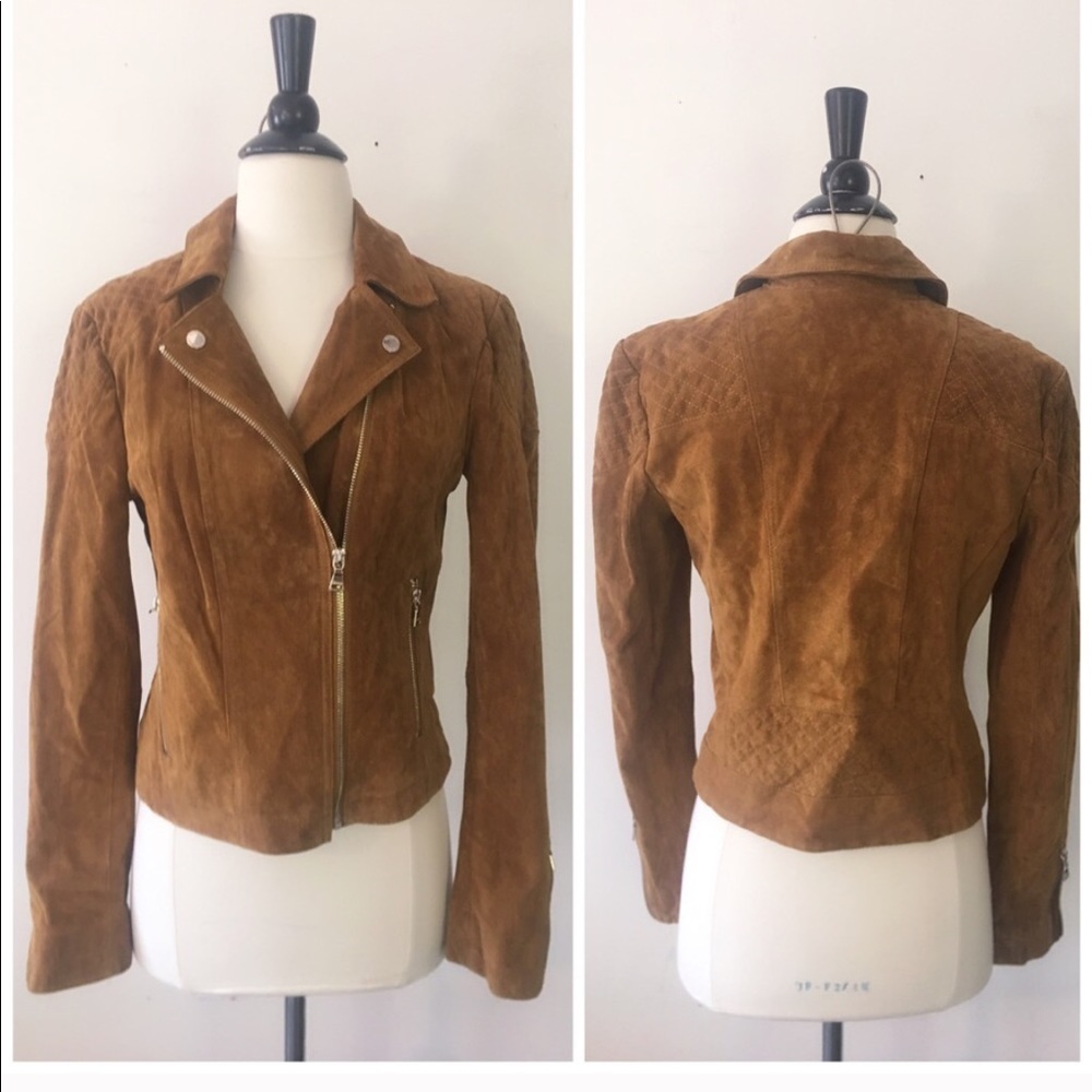 Express CAMEL Genuine Suede Leather Moto Jacket M - Picture 6 of 8