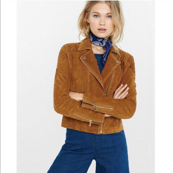 Express CAMEL Genuine Suede Leather Moto Jacket M - Picture 3 of 8