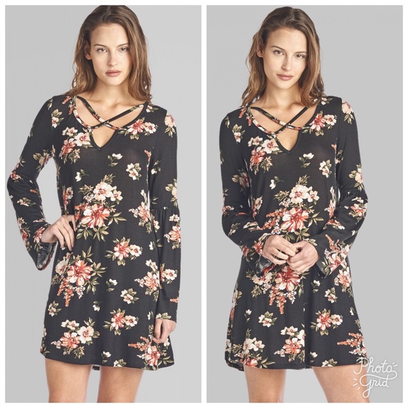 Floral Print Criss-Cross Neck Mini Dress - Picture 1 of 2