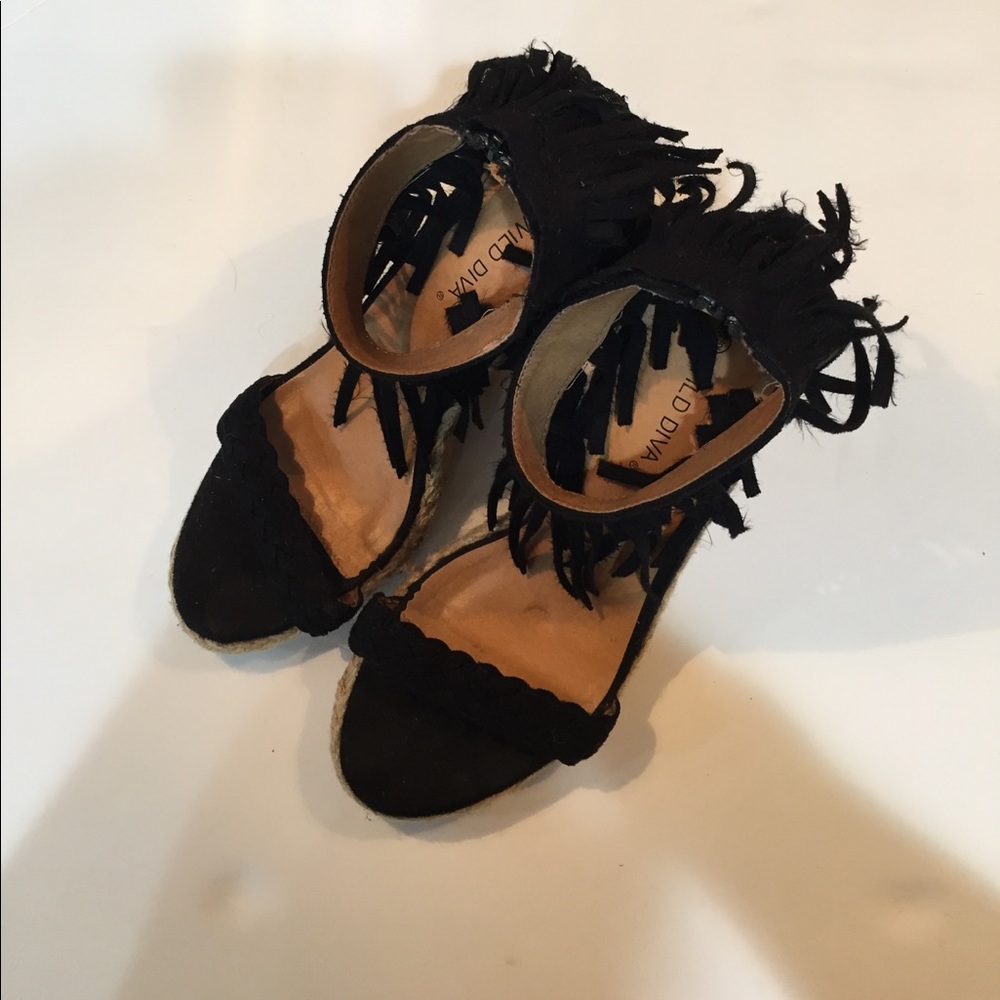 Wild Diva Black Tasseled Wedges- Size 6.5