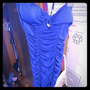 Blue strapless fitted dress