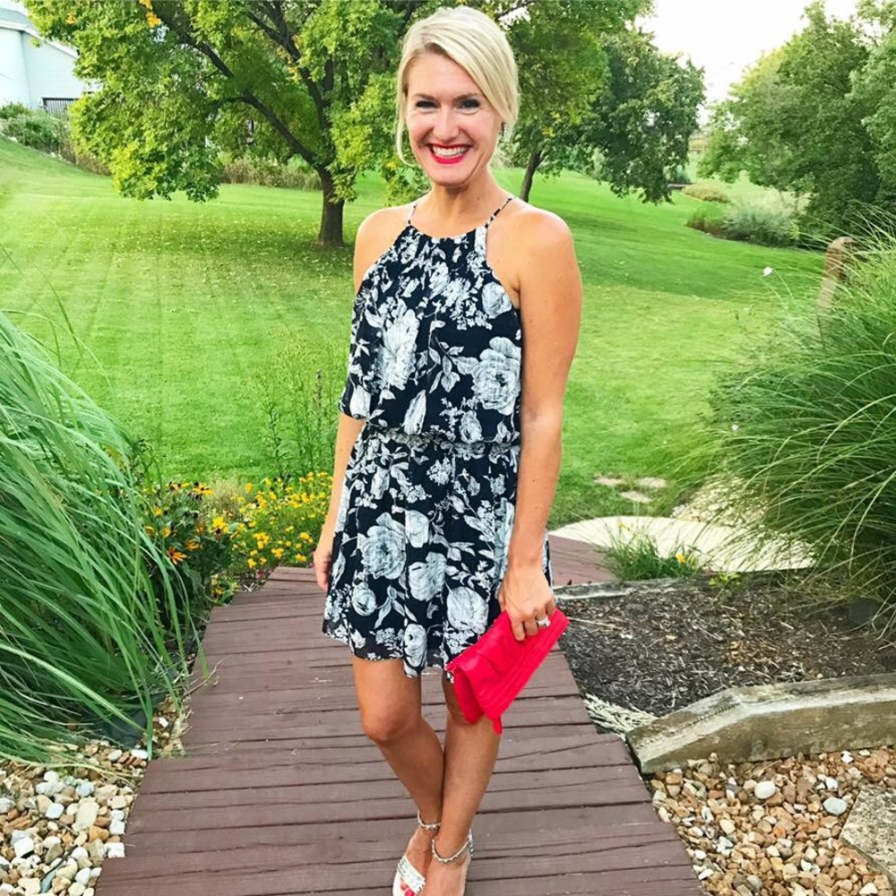 Floral Halter Dress Navy + White