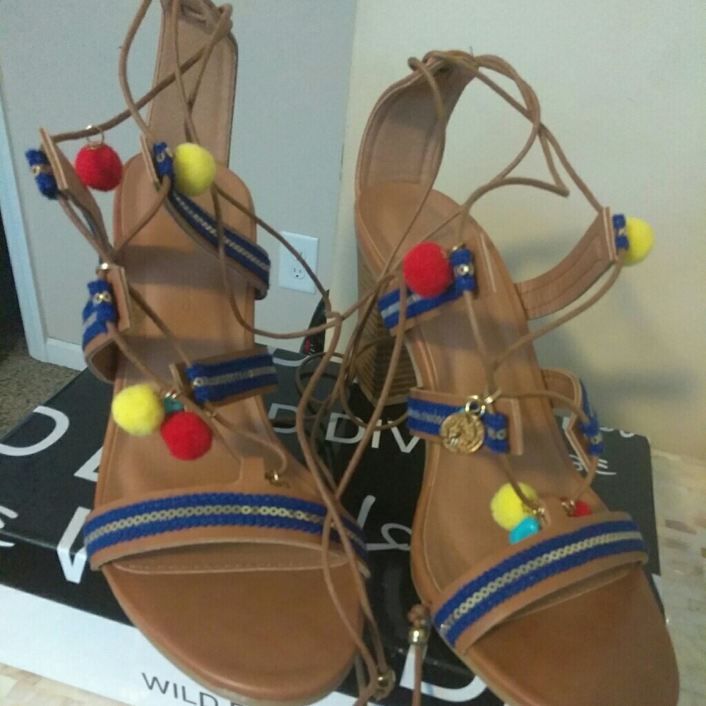 Lace up pom pom sandals