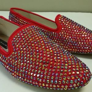 Red - Suede Loafer Studded Crystal Flats