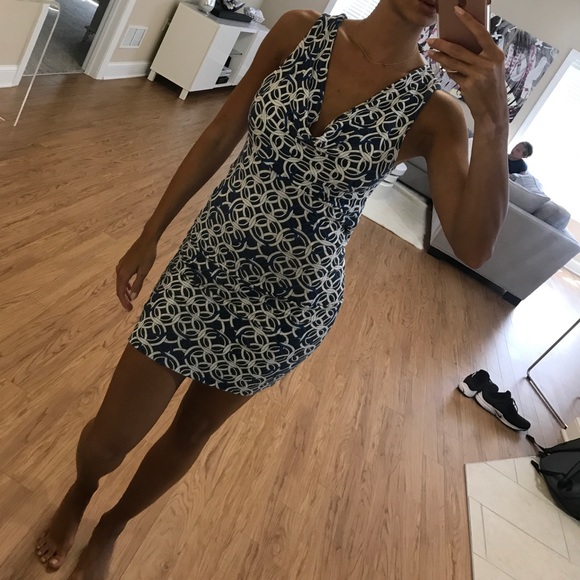 Dresses & Skirts - Blue and white detailed cowl neck open back dress