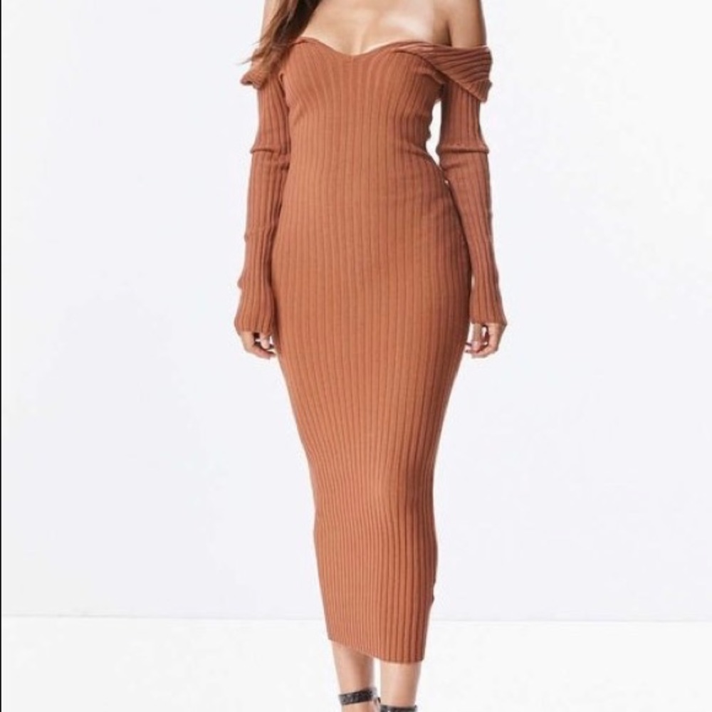 Off The Shoulder Ribbed Dress Rust not Tan
