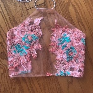 Beautiful floral embroidered halter top w mesh
