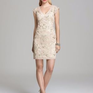 Sue Wong Capsleeve beaded sequin dress platinum 0