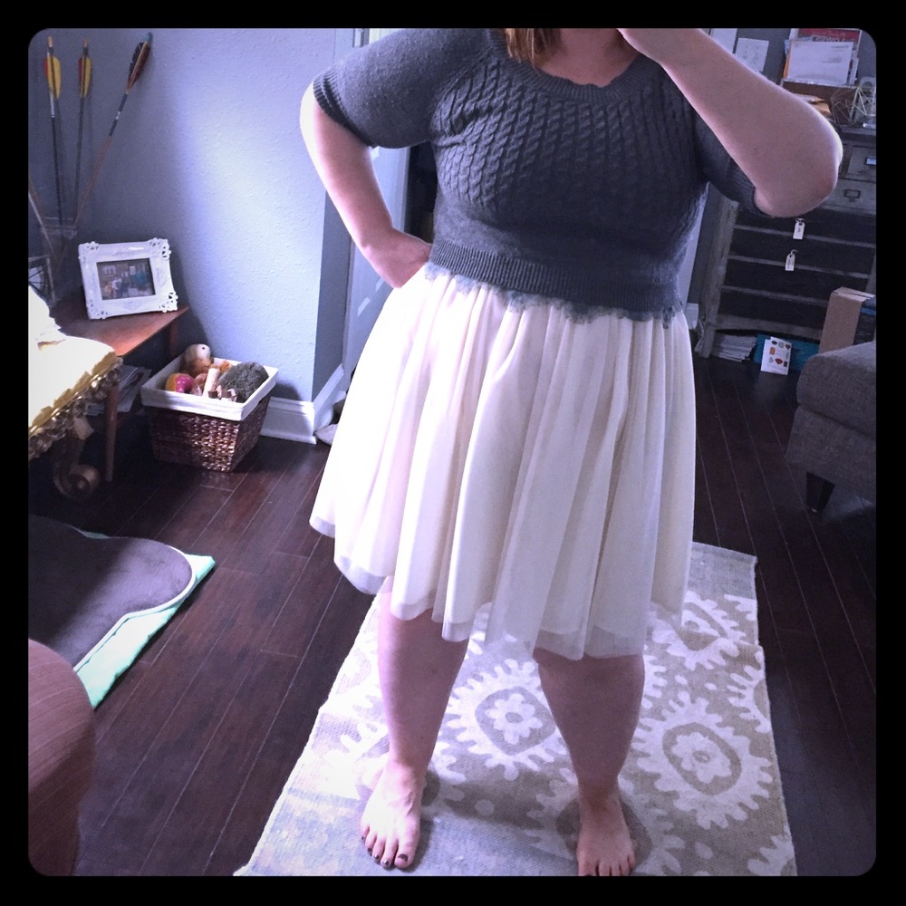 Anthropologie Cream Tulle and Gray Sweater Dress