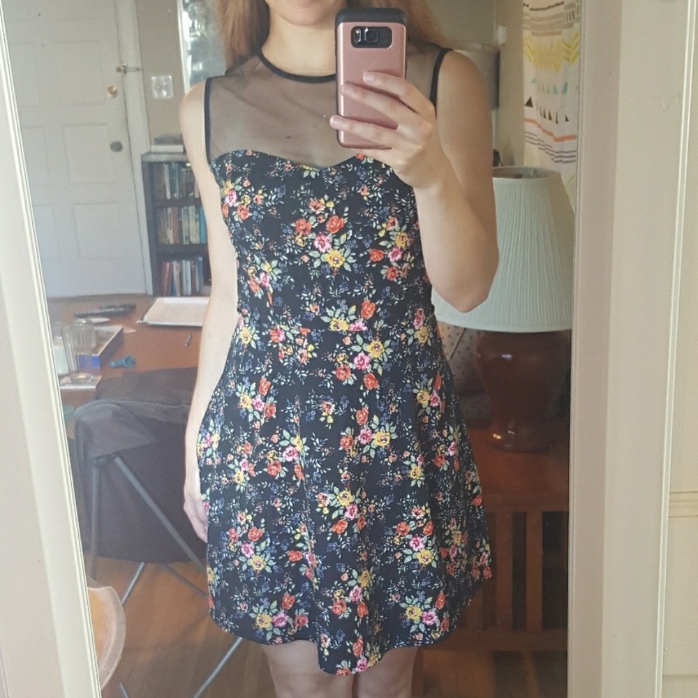 Floral A-Line Dress with Sweetheart Mesh Neckline