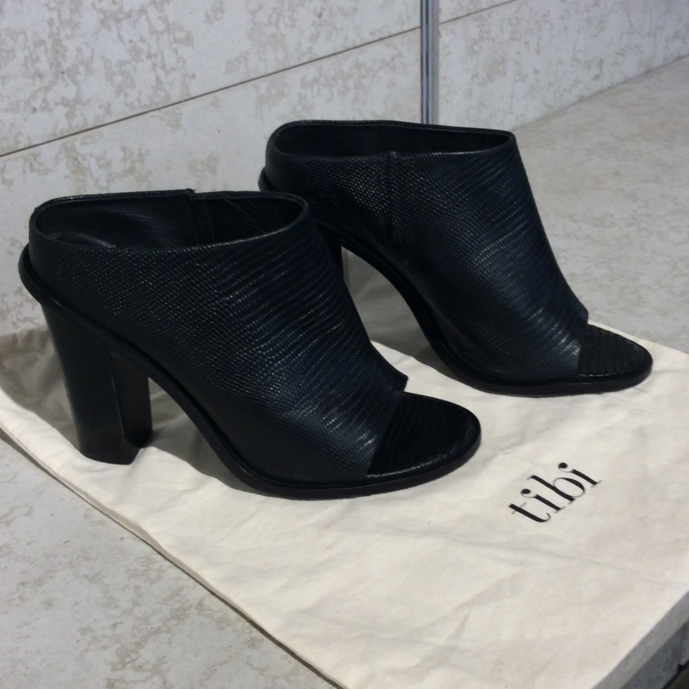 Tibi Leona Black Snakeskin Print Mules - Picture 2 of 5