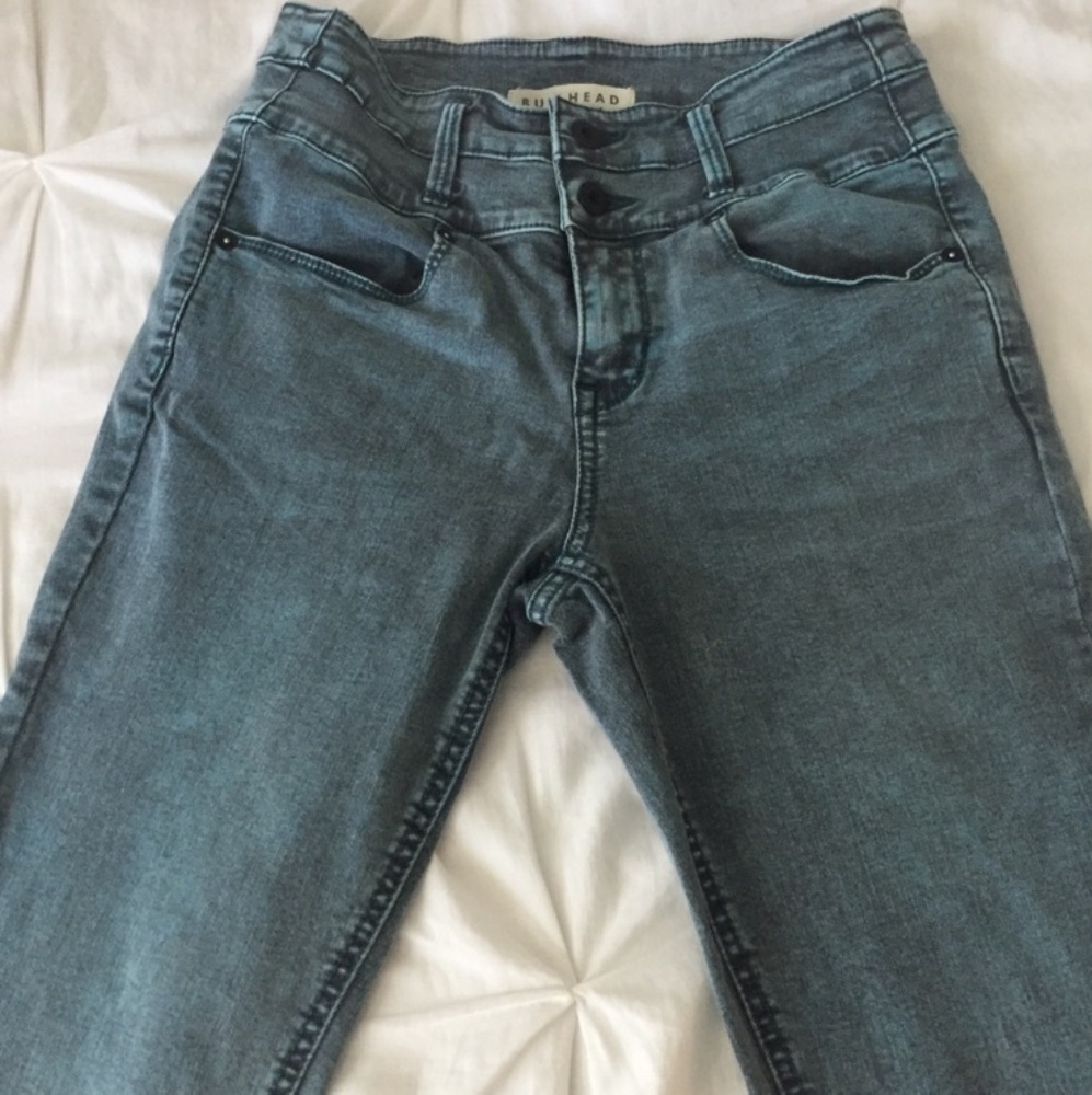 Acid wash teal/black high rise skinny jeans