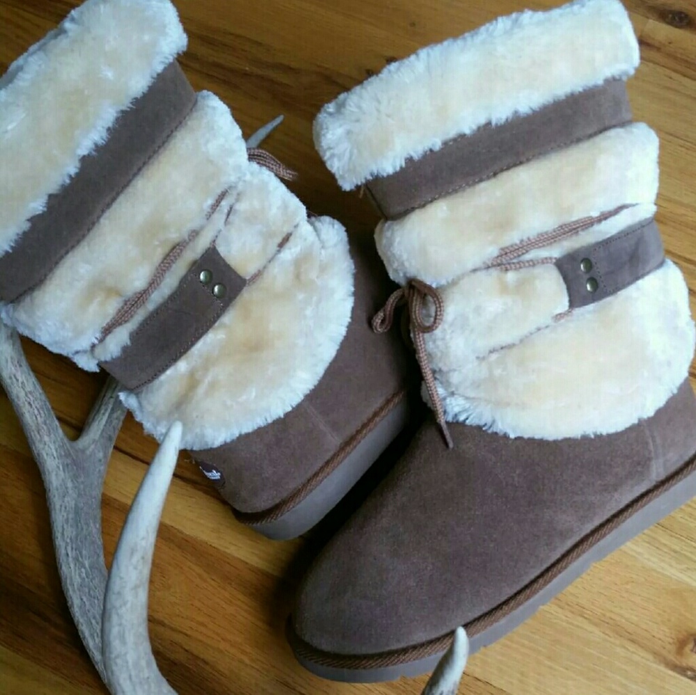 USING New Brown Suede Cream Fur Warm Boots w/ Ties