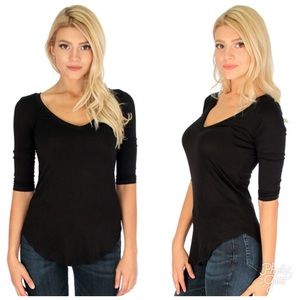 Black Deep V-Neck 3/4 Sleeve Top