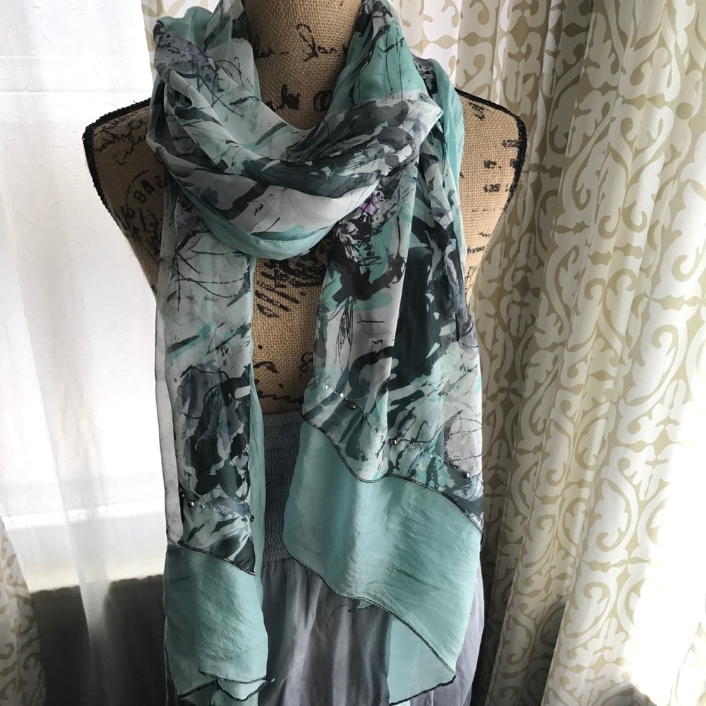 Large silk scarf blues, greys, black & beaded