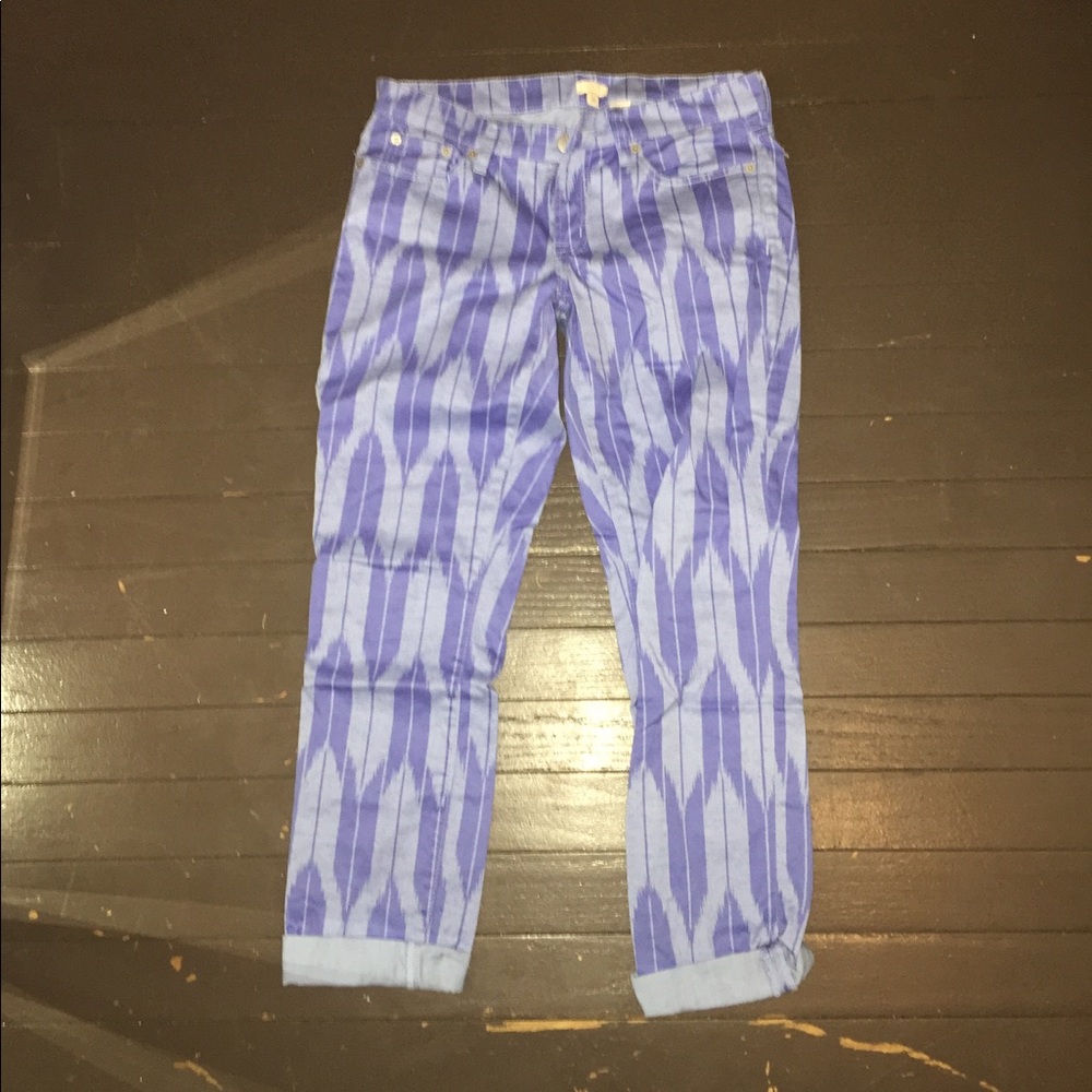 J. Crew blue patterned pants. Never worn. Size 28