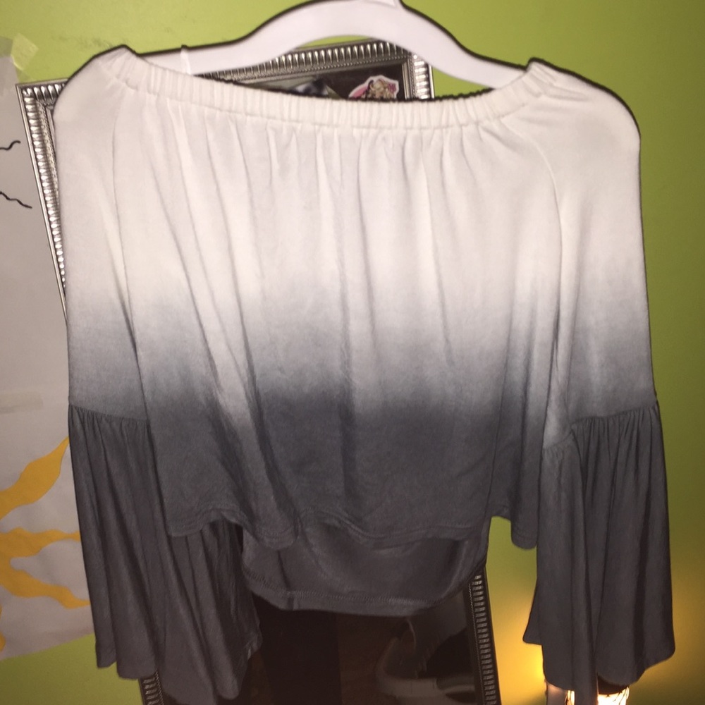 White and grey ombré hippie off the shoulder shirt