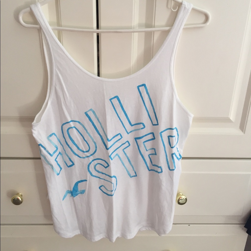 White Hollister tank top with blue lettering!