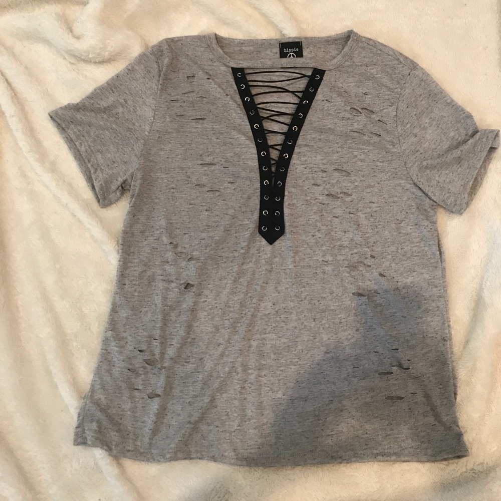 Hippie Chic Lace Up Distressed Top