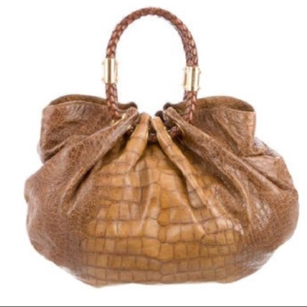 Embossed Leather Brown Gold Tan Satchel