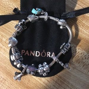 Pandora bracelet 8 charms 2 spacers and safety cha